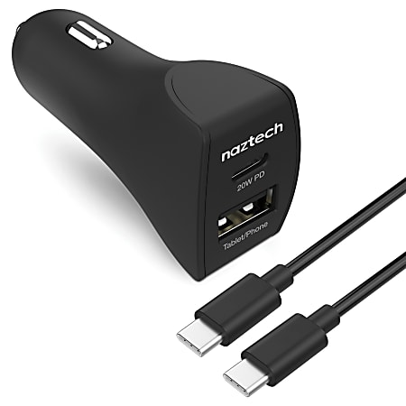 Naztech 20-Watt Power Delivery USB-C And 12-Watt Fast USB Car Charger With USB-C To USB-C Cable, 4', Black