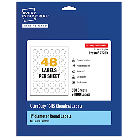 Avery® Ultra Duty® Permanent GHS Chemical Labels, 97203-WMU500, Round, 1" Diameter, White, Pack Of 24,000