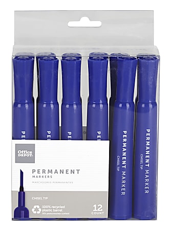 Office Depot® Brand Permanent Markers, Chisel Point, 100% Recycled, Blue Ink, Pack Of 12