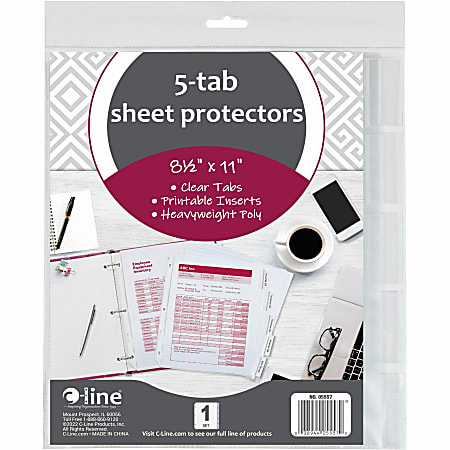 C-Line® Top-Loading Sheet Protectors With Tab Inserts, 8 1/2" x 11", 5-Tab, Clear