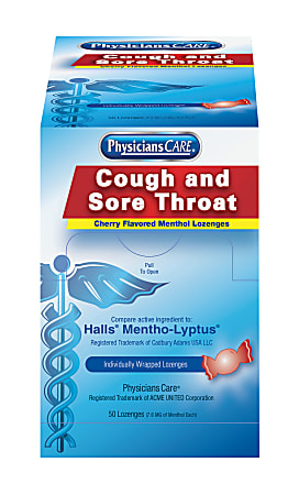 PhysiciansCare Cough And Sore Throat Lozenges, Cherry Flavor, Box Of 50 Lozenges