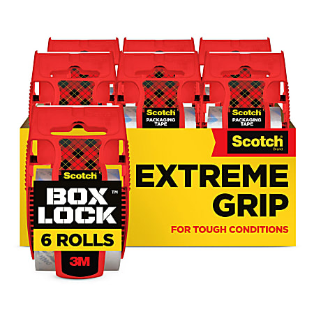 Scotch Box Lock Packing Tape, 1.88 in x 22.2 yd, 6 Tape Rolls with Dispensers, 1.5" Core, Extreme Grip Packing, Shipping and Mailing Tape, Sticks Instantly to Any Box, Clear
