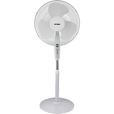 Optimus 16" Oscillating Stand Fan - 16" Diameter - 3 Speed - Remote, Timer-off Function, Energy Efficient, Quiet, Oscillating, Adjustable Height, Adjustable Tilt Head, Removable Grill - 19" Height x 6" Width - White