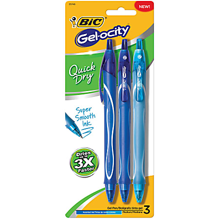BIC® Gel-ocity Quick-Dry Retractable Gel Pens, Medium Point, 0.7 mm, Blue/Blue/Turquoise Barrels, Blue/Blue/Turquoise Inks, Pack Of 3