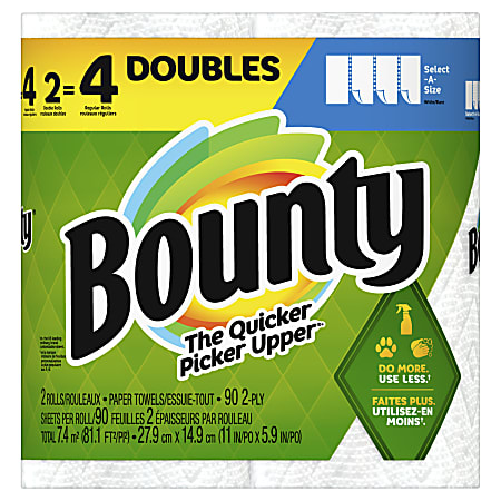 Bounty Select-A-Size 2-Ply Paper Towels, Double Roll, 11" x 6", White, 90 Sheets Per Roll, Pack Of 2 Rolls