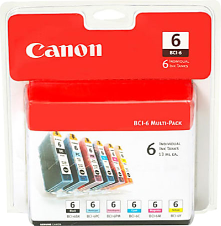 Canon® BCI-6 Black And Cyan, Light Cyan, Magenta, Light Magenta, Yellow Ink Cartridges, Pack Of 6, 4705A018