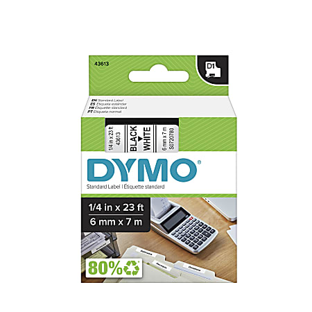 DYMO® D1 43613 Black-On-White Tape, 0.25" x 23'