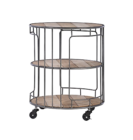 Linon Anise 3-Tier Wood/Metal Rolling Cart, 23-3/4" x 19-5/8", Rustic Wood/Gray