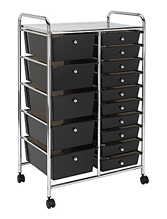 Realspace® 15-Drawer Mobile Cart, 38-3/16”H x 25-1/4”W x 15-3/8”D, Black/Chrome