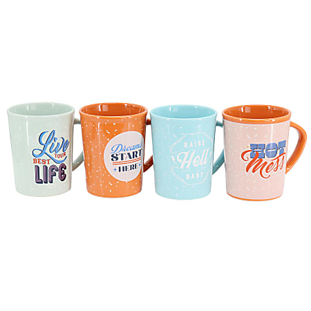 Wanda June Home by Miranda Lambert 4-Piece Retro Sentiment Stoneware Mug Set, 15 Oz, Blue/Mint/Orange