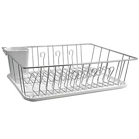 MegaChef Dish Rack With 14 Plate Positioners And Detachable Utensil Holder, 17-1/2", White