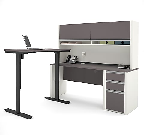 Bestar Connexion 72"W L-Shaped Standing Corner Desk With Pedestal And Hutch, Slate/Sandstone