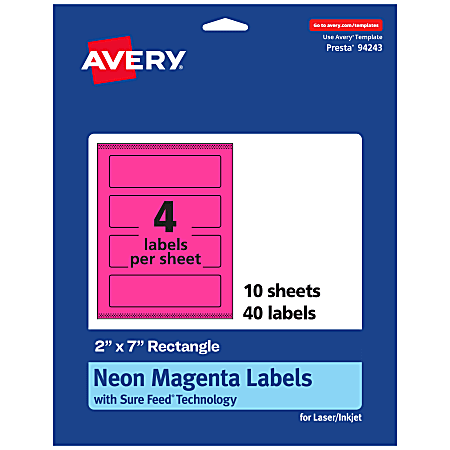 Avery® Print-To-The-Edge Labels With Sure Feed® Technology, 94243-NMP10, Rectangle, 2" x 7", Matte Neon Magenta, Pack of 40