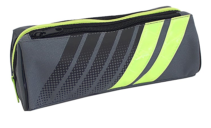 Office Depot® Brand 2-Zipper Pencil Pouch, 3-1/2" x 8-1/4", Black/Gray With Neon Yellow Stripe