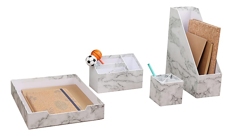 Realspace&reg; 4-Piece Desk Accessory Set, Gray Marble