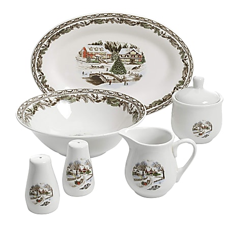 Gibson Home Christmas Toile 7-Piece Porcelain Serving Set, White