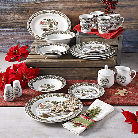 Gibson クリスマス　食器セット　皿　ボウル Gibson Home Traditional Round Porcelain Dinnerware Set, 16-Piece