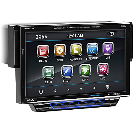 BOSS AUDIO BV8974B Single-DIN 7 inch Motorized Touchscreen DVD Player, Receiver, Bluetooth, Detachable Front Panel, Wireless Remote