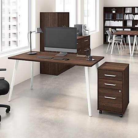 Bush Business Furniture Vista 60"W Desk with Splayed Metal Legs and 3 Drawer Mobile File Cabinet, Black Walnut, Standard Delivery