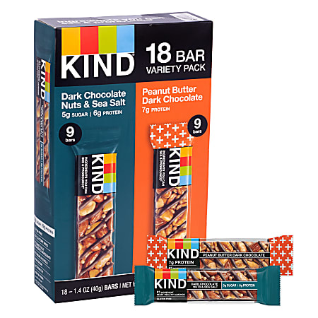 KIND Dark Chocolate Nuts & Sea Salt and Peanut Butter Dark Chocolate Variety Pack, 1.4 Oz, Pack Of 18 Bars