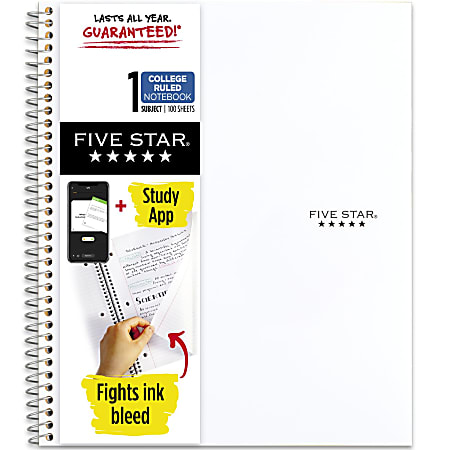 Five Star® Wirebound Notebook Plus Study App, 8-1/2" x 11", 1 Subject, College Ruled, 100 Sheets, White