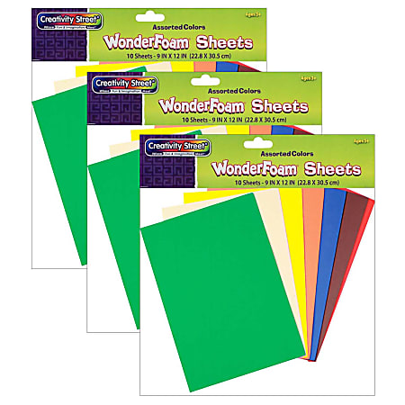 Creativity Street WonderFoam Sheets, Assorted Colors, 9" x 12", 10 Per Pack, Set Of 3 Packs