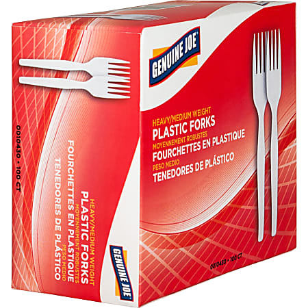 Genuine Joe Heavyweight White Plastic Forks - 100 / Box - 40/Carton - Disposable - White Genuine Joe Heavyweight White Plastic Forks - 100 / Box - 40/Carton - Disposable - White