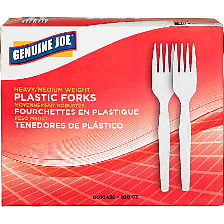 Genuine Joe Heavyweight White Plastic Forks - 100 / Box - 40/Carton - Disposable - White Genuine Joe Heavyweight White Plastic Forks - 100 / Box - 40/Carton - Disposable - White