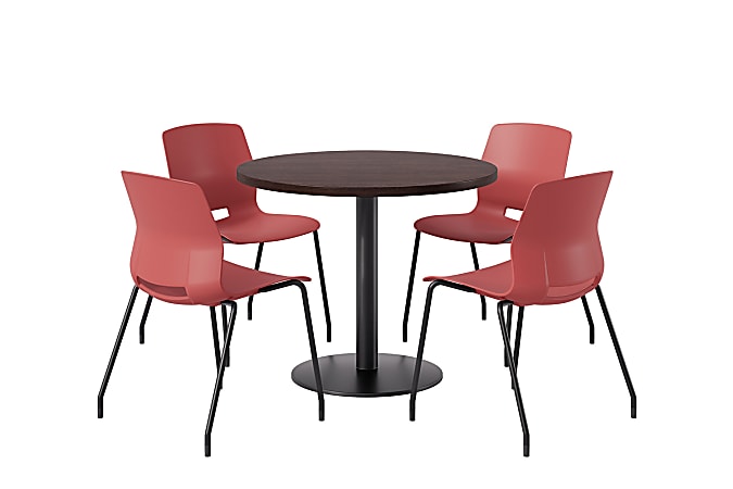 KFI Studios Midtown Pedestal Round Standard Height Table Set With Imme Armless Chairs, 31-3/4”H x 22”W x 19-3/4”D, Studio Teak Top/Black Base/Navy Chairs