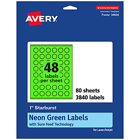 Avery® Print-To-The-Edge Labels With Sure Feed® Technology, 94606-NGP80, Starburst, 1", Matte Neon Green, Pack of 3840