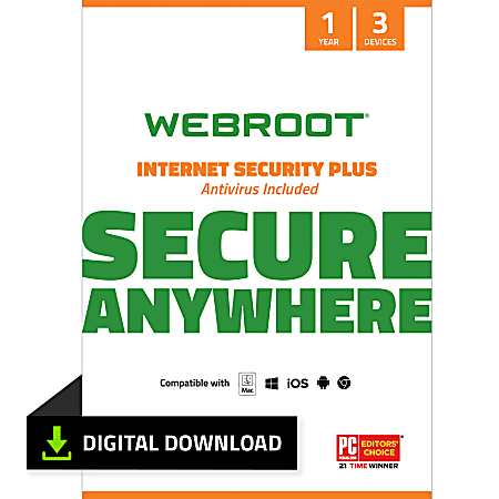 Webroot® Internet Security Plus With Antivirus Protection, 3-Devices,  1-Year Subscription