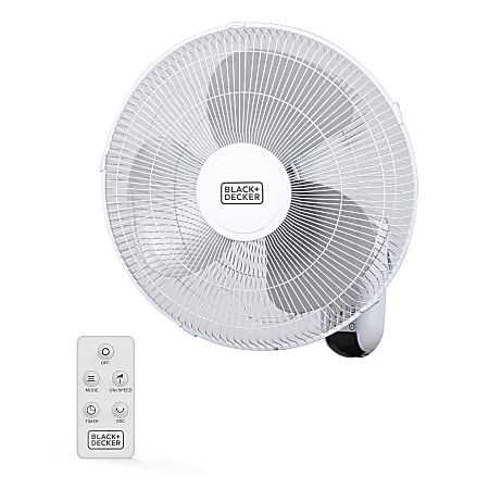 Black+Decker 3-Speed Oscillating Wall Fan With Remote, 18"H x 12"W x 12"D, White