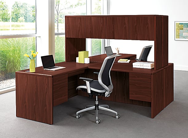 HON® 10700 Series™ Laminate Single-Pedestal Desk, Pedestal On Left, Mahogany