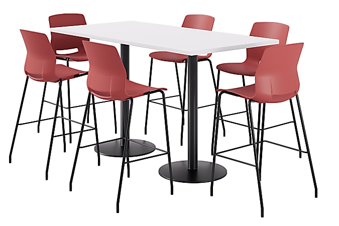 KFI Studios Proof Bistro Rectangle Pedestal Table With 6 Imme Barstools, 43-1/2"H x 72"W x 36"D, Designer White/Black/Coral Stools