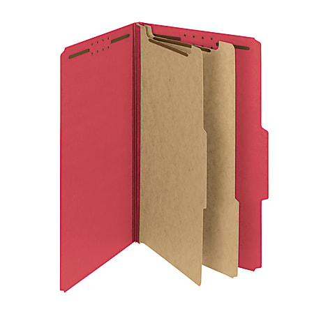 Smead® Pressboard Classification Folders With SafeSHIELD® Fasteners, 2 Dividers, Legal Size, 60% Recycled, Bright Red, Box Of 10