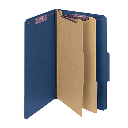 Smead® Pressboard Classification Folders With SafeSHIELD® Fasteners, 2 Dividers, Legal Size, 100% Recycled, Dark Blue, Box Of 10