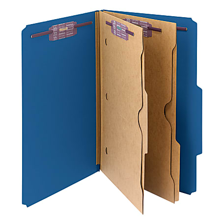 Smead® Pressboard Classification Folders With Pocket-Style Divider And SafeSHIELD® Fastener, Legal Size, 100% Recycled, Dark Blue, Box of 10