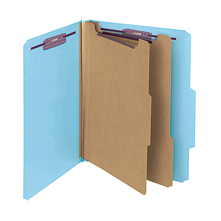 Smead® Pressboard Classification Folders With SafeSHIELD® Fasteners, 2 Dividers, Letter Size, 60% Recycled, Blue, Box Of 10