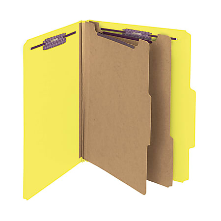 Smead® Pressboard Classification Folders With SafeSHIELD® Fasteners, 2 Dividers, Letter Size, 100% Recycled, Yellow, Box Of 10