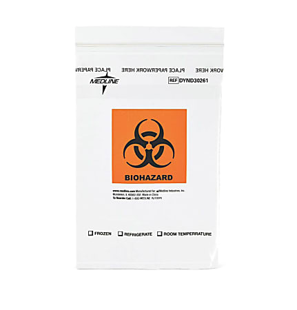 Medline Zip-Style Biohazard Specimen Bags, 6" x 9",