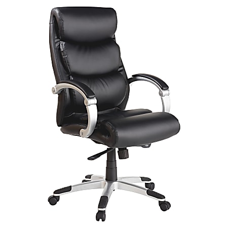 Lorell® Ergonomic Bonded Leather High-Back Chair With Flex Arms, Black/Silver