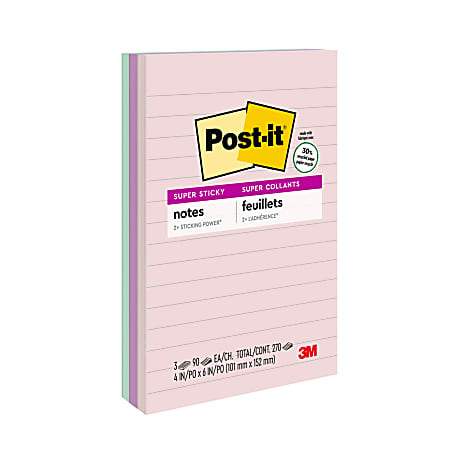 Post-it® Recycled Super Sticky Notes, 4 in x 6 in, 3 Pads, 90 Sheets/Pad, Wanderlust Pastels Collection, Lined, 30% Recycled
