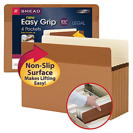 Smead® Easy Grip® Pockets, 5 1/4" Expansion, Legal Size, 30% Recycled, Redrope, Pack Of 4