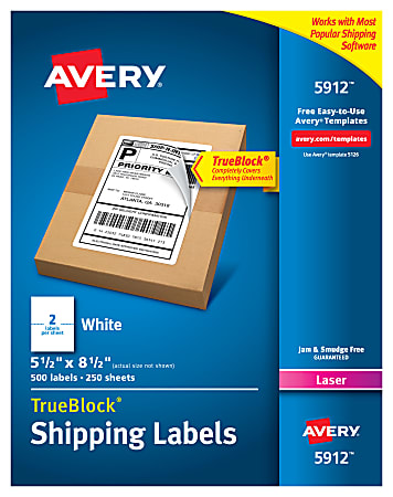 Avery® Permanent Shipping Labels With TrueBlock® Technology, 5912, 5 1/2" x 8 1/2", White, Box Of 500