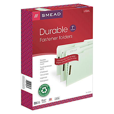 Smead® Pressboard Fastener Folders, 1" Expansion, 8 1/2" x 14", Legal, 100% Recycled, Gray/Green, Box of 25