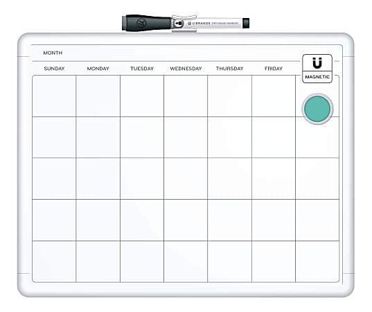 U Brands® Magnetic Dry Erase Monthly Calendar Board, 14" X 11", White Plastic Frame