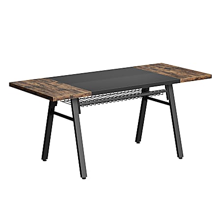 Bestier 70"W Computer Desk with Wire Storage Basket Storage Wooden Study Writing Table for Home Office, Rustic Brown
