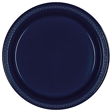 Amscan Round Plastic Plates, 7", True Navy, Pack Of 100 Plates