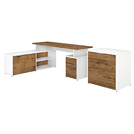 Bush Business Furniture 72"W Jamestown L-Shaped Corner Desk With Drawers And Lateral File Cabinet, Fresh Walnut/White, Standard Delivery