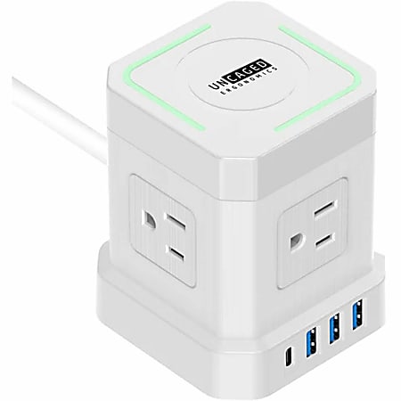 Wireless Charger Cube 10ft Surge Protected Power Strip 9 Outlets (4 AC, 3 USB, 1 USB C, 15w wireless charging station) White